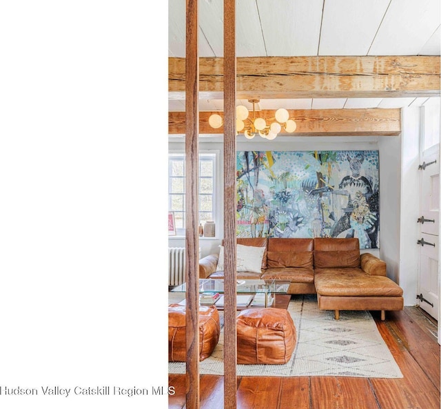 living room with beam ceiling, radiator heating unit, and wood finished floors