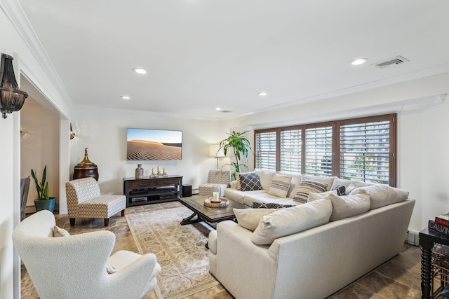 living room with visible vents, recessed lighting, and crown molding