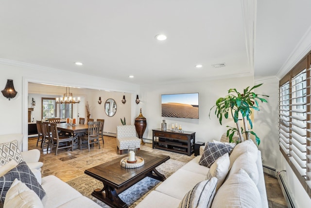 living room with crown molding, a notable chandelier, recessed lighting, and a baseboard radiator