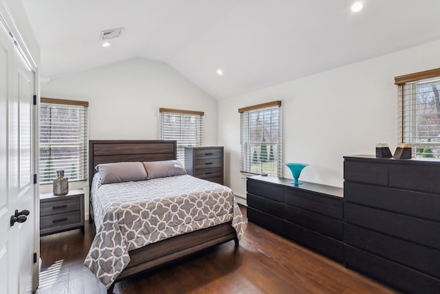 bedroom featuring visible vents, lofted ceiling, multiple windows, wood finished floors, and a baseboard radiator