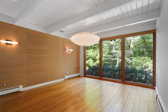 25 Moseman Ave, Katonah, NY 10536 - unfurnished dining area featuring baseboard heating, beamed ceiling, light wood-type flooring, and baseboards