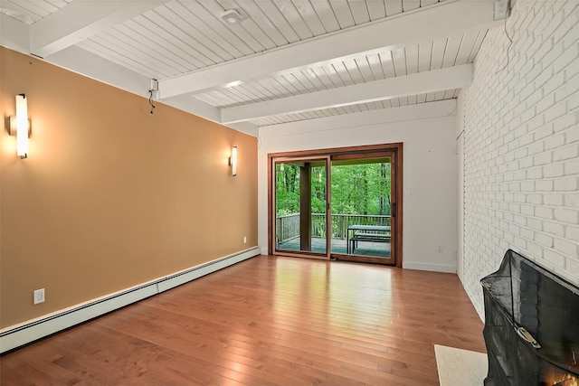 25 Moseman Ave, Katonah, NY 10536 - unfurnished living room with baseboard heating, beam ceiling, wood finished floors, baseboards, and wood ceiling