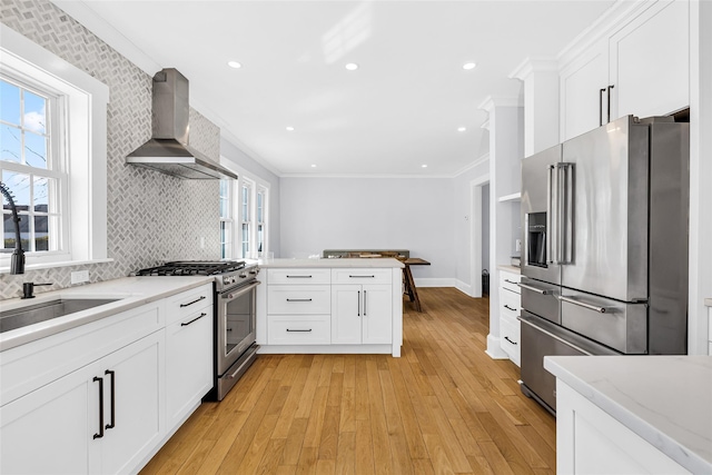 kitchen featuring crown molding, high end appliances, white cabinets, wall chimney exhaust hood, and a sink