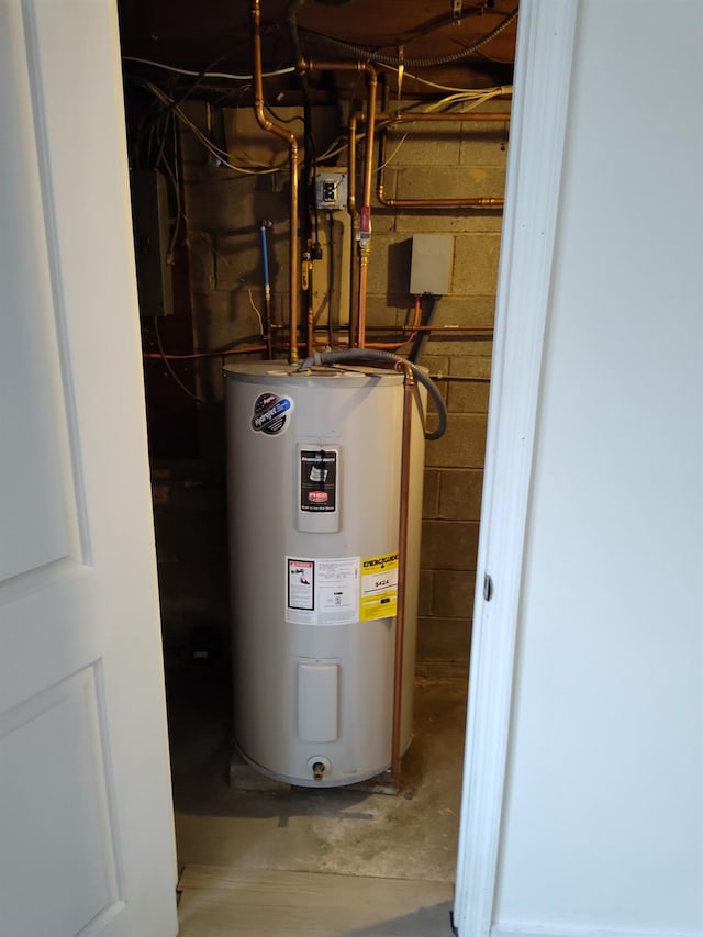 utility room with electric water heater and electric panel