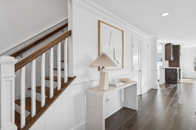 interior space with a wainscoted wall, ornamental molding, wood finished floors, and recessed lighting