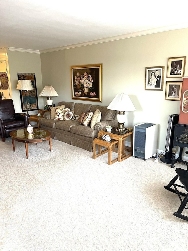 carpeted living area with crown molding