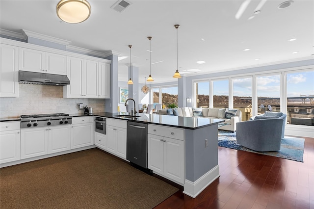 kitchen with visible vents, under cabinet range hood, a sink, stainless steel appliances, and a peninsula