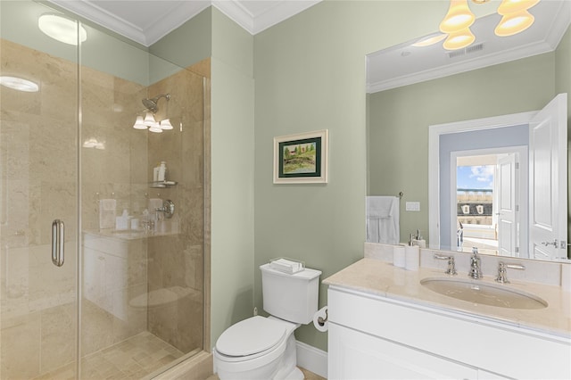 full bathroom with toilet, ornamental molding, a shower stall, baseboards, and vanity