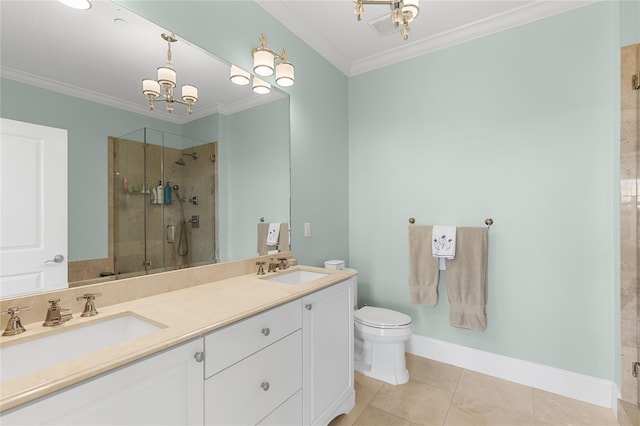 bathroom featuring a sink, a chandelier, a shower stall, and crown molding