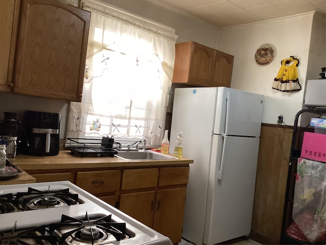 kitchen featuring a sink, stove, a healthy amount of sunlight, and freestanding refrigerator