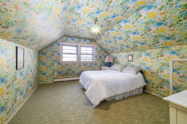 carpeted bedroom with vaulted ceiling, baseboard heating, baseboards, and wallpapered walls