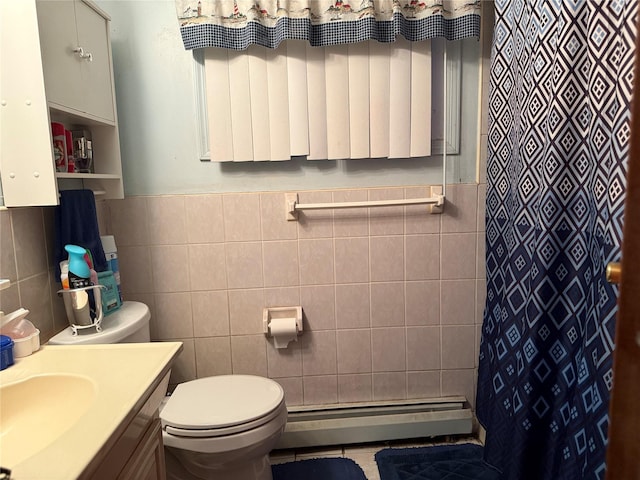 bathroom featuring tile walls, a shower with shower curtain, toilet, baseboard heating, and vanity