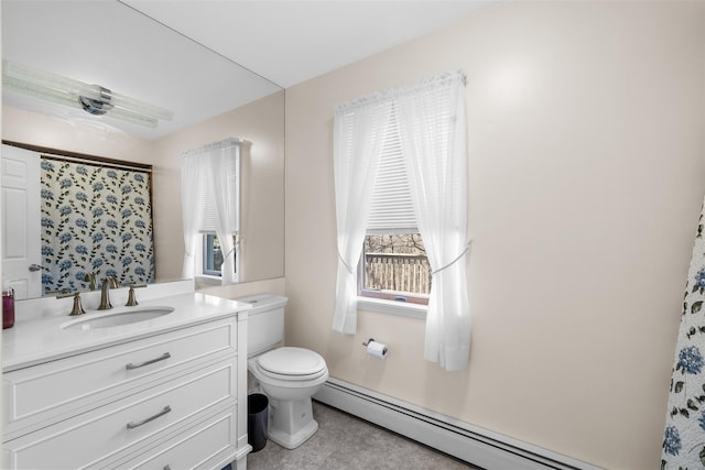 full bath with a baseboard heating unit, curtained shower, toilet, and vanity