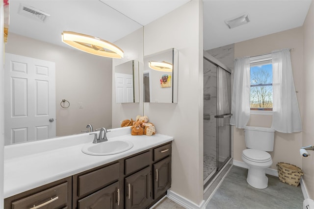 bathroom with vanity, visible vents, a stall shower, a baseboard heating unit, and toilet