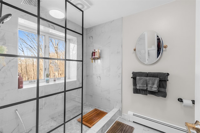 full bath featuring a baseboard radiator, marble finish floor, and a walk in shower