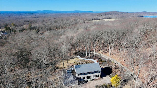 aerial view featuring a mountain view and a wooded view