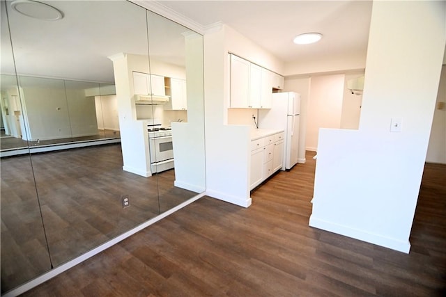 kitchen with dark wood-style floors, white appliances, a baseboard radiator, and white cabinets