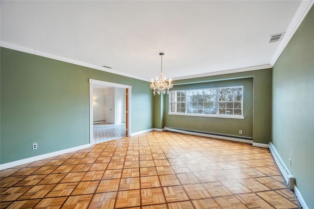 empty room with a baseboard radiator, visible vents, a chandelier, and baseboards