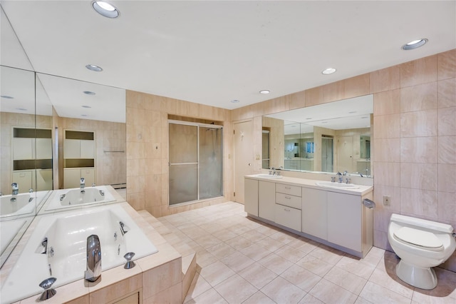 full bathroom with a sink, a stall shower, toilet, and tile walls