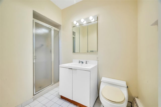 full bath with toilet, a shower stall, tile patterned flooring, and vanity