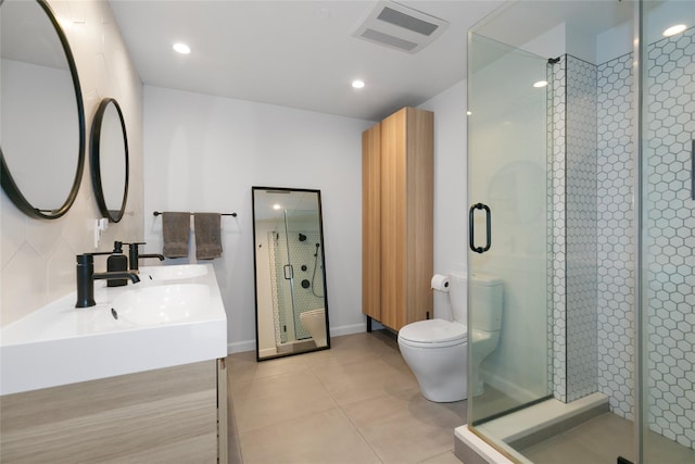 bathroom featuring tile patterned flooring, toilet, visible vents, decorative backsplash, and a stall shower