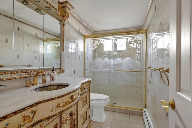 full bathroom featuring toilet, a baseboard radiator, tile patterned floors, a shower stall, and tile walls