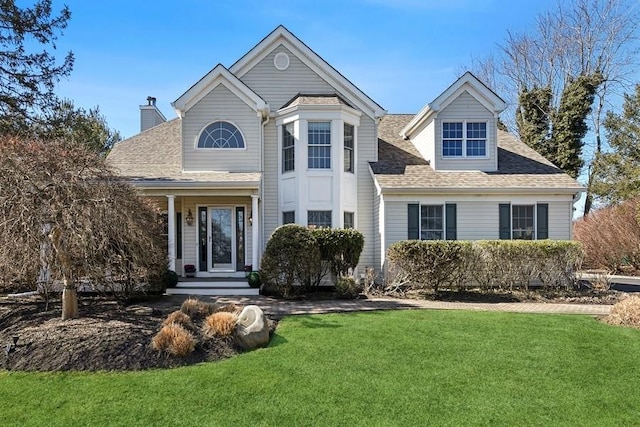 view of front of property with a front yard and roof with shingles