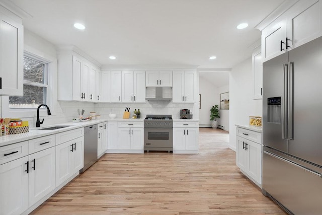 kitchen with decorative backsplash, premium appliances, light countertops, white cabinetry, and a sink