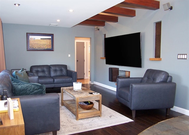 living room featuring recessed lighting, wood finished floors, visible vents, baseboards, and beamed ceiling