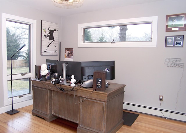 office featuring light wood finished floors and a baseboard heating unit