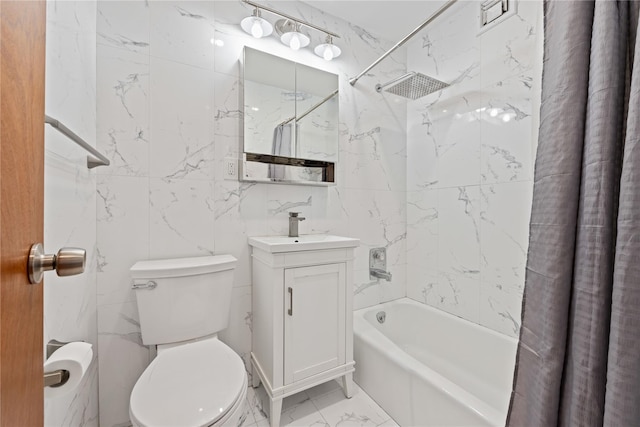 bathroom featuring marble finish floor, vanity, toilet, and shower / bathtub combination with curtain