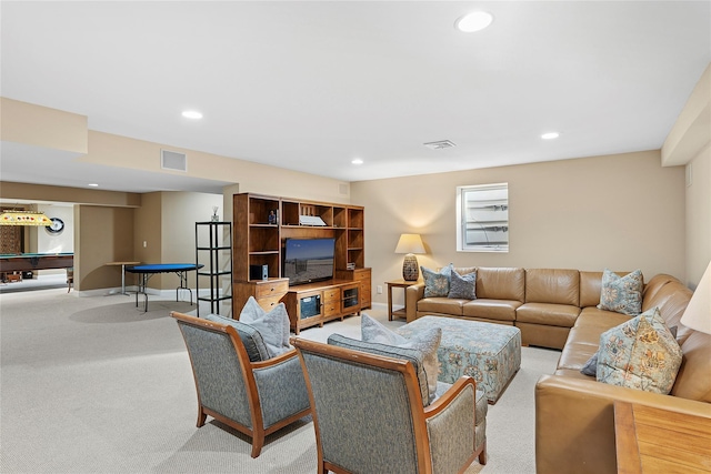 living room with recessed lighting, visible vents, light colored carpet, and pool table