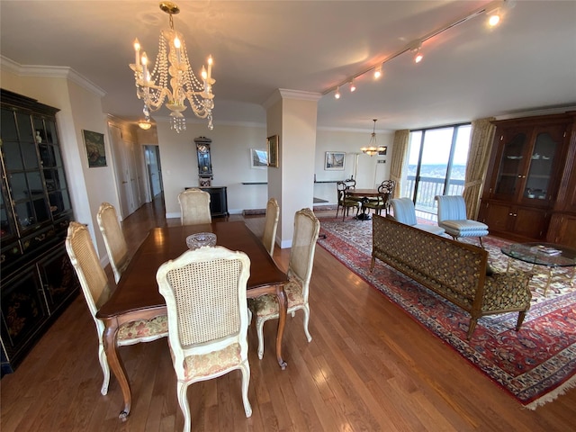 dining space with baseboards, ornamental molding, hardwood / wood-style floors, rail lighting, and a chandelier