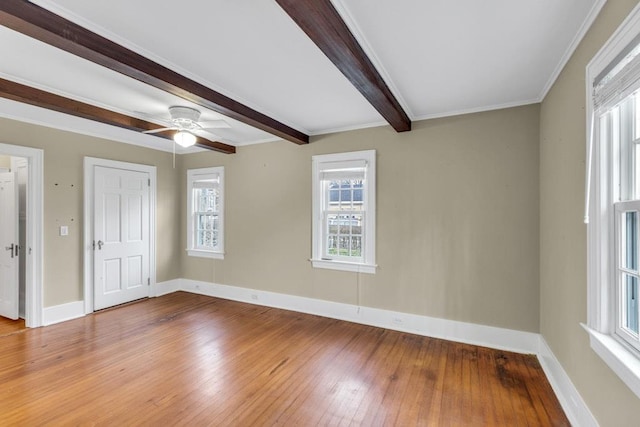 200 Village Ln, Orient, NY 11957 - unfurnished room featuring hardwood / wood-style floors, beam ceiling, baseboards, and ceiling fan