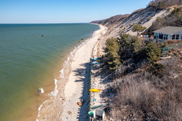 view of water feature with a beach view