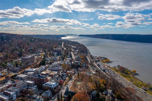 drone / aerial view featuring a water view