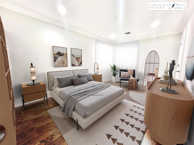 bedroom featuring recessed lighting, baseboards, crown molding, and wood finished floors