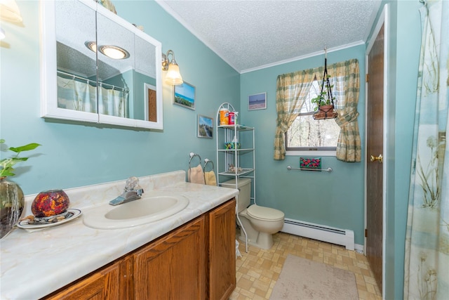 bathroom featuring a textured ceiling, a baseboard radiator, toilet, vanity, and crown molding