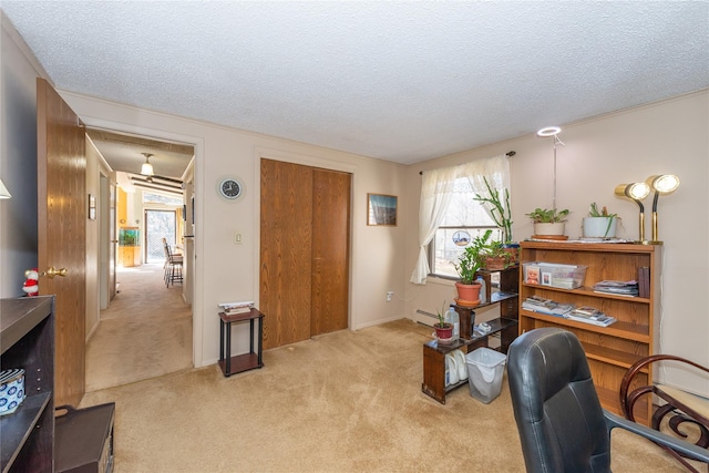 office featuring a textured ceiling and light colored carpet