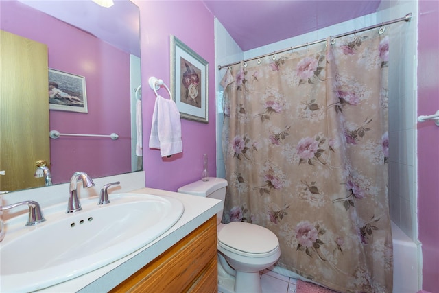 full bathroom featuring toilet, shower / tub combo, tile patterned flooring, and vanity