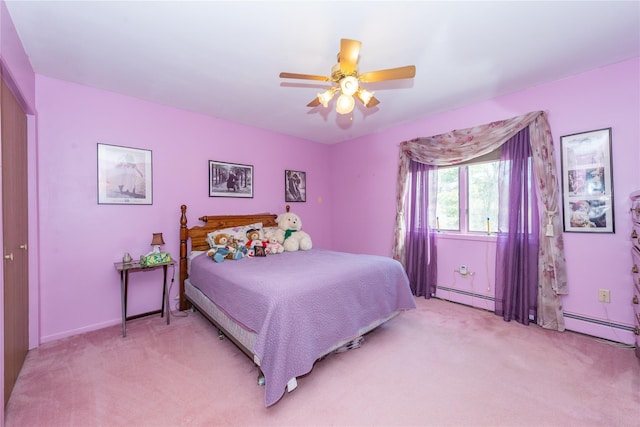 bedroom with light carpet, ceiling fan, and a baseboard heating unit