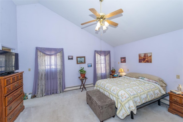 bedroom featuring a baseboard heating unit, carpet flooring, high vaulted ceiling, and baseboard heating