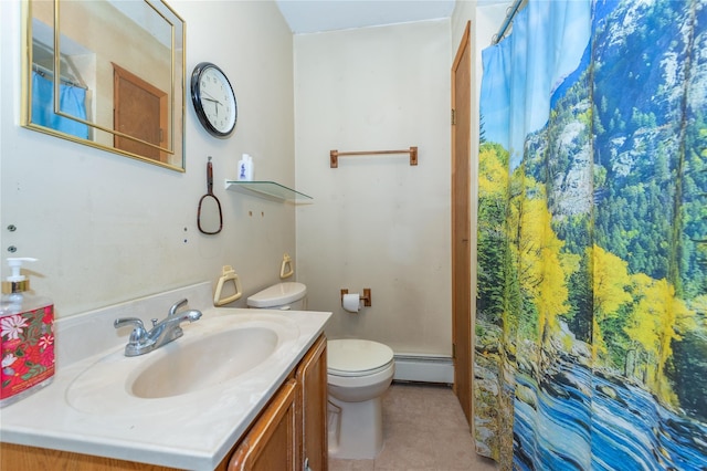 full bathroom with toilet, a baseboard heating unit, vanity, a shower with curtain, and tile patterned floors