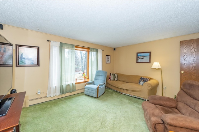 carpeted living area featuring a textured ceiling and baseboard heating