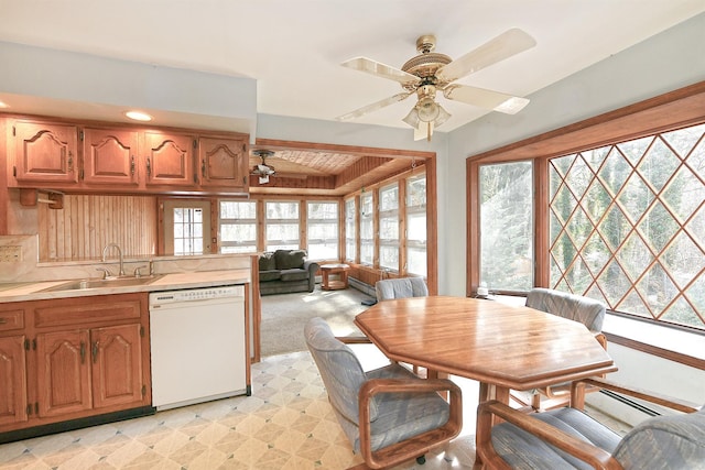 kitchen with a sink, dishwasher, a ceiling fan, and a healthy amount of sunlight