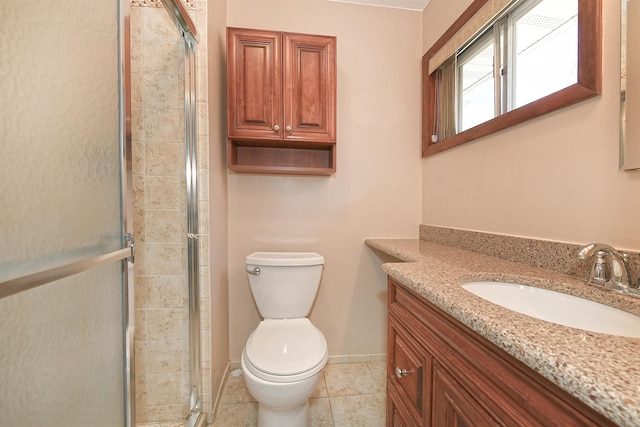 bathroom with tile patterned floors, toilet, a shower stall, baseboards, and vanity