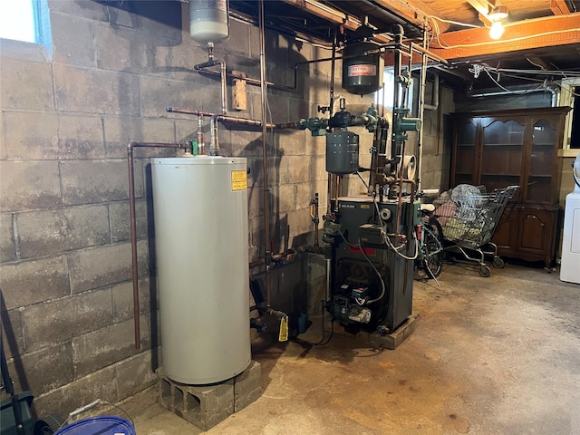 utilities with washer / dryer, gas water heater, and a heating unit