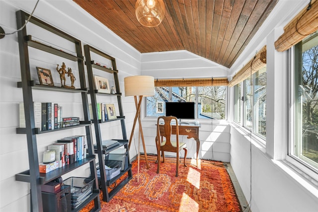 office featuring wooden ceiling and vaulted ceiling