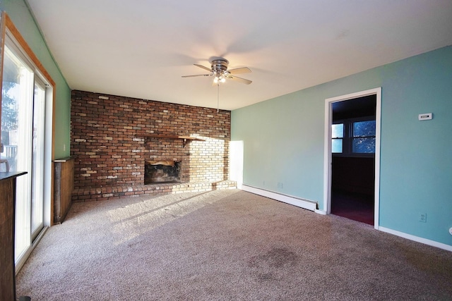 unfurnished living room featuring carpet floors, a fireplace, baseboards, baseboard heating, and ceiling fan