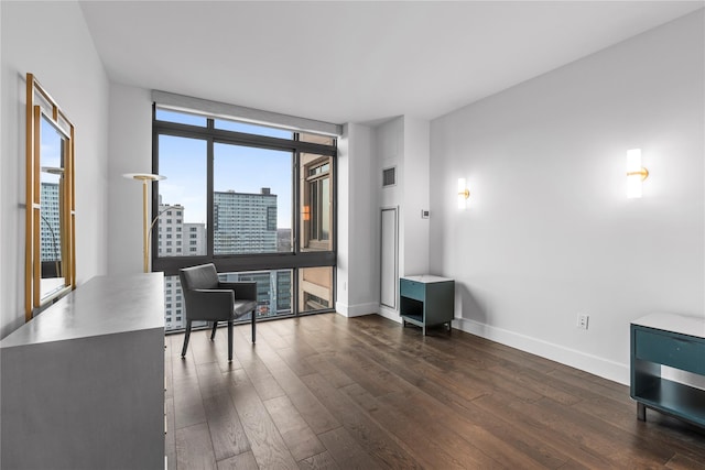 office featuring dark wood-style floors, expansive windows, and baseboards